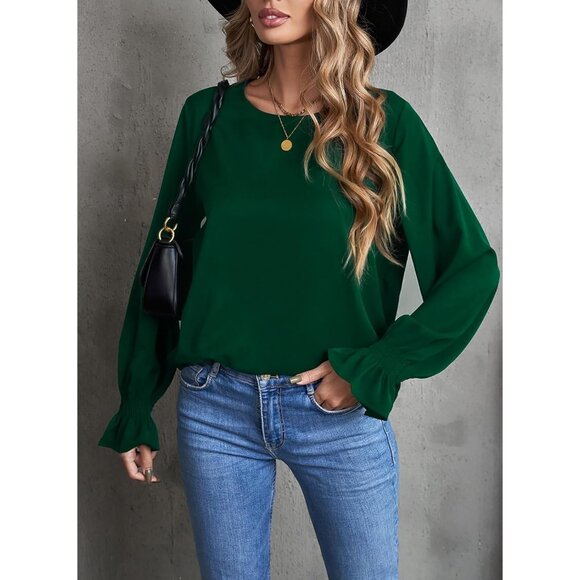 Women's Green Crew Neck Top Long Sleeve Ruffle Keyhole Casual Fall Wear - Picture 3 of 5